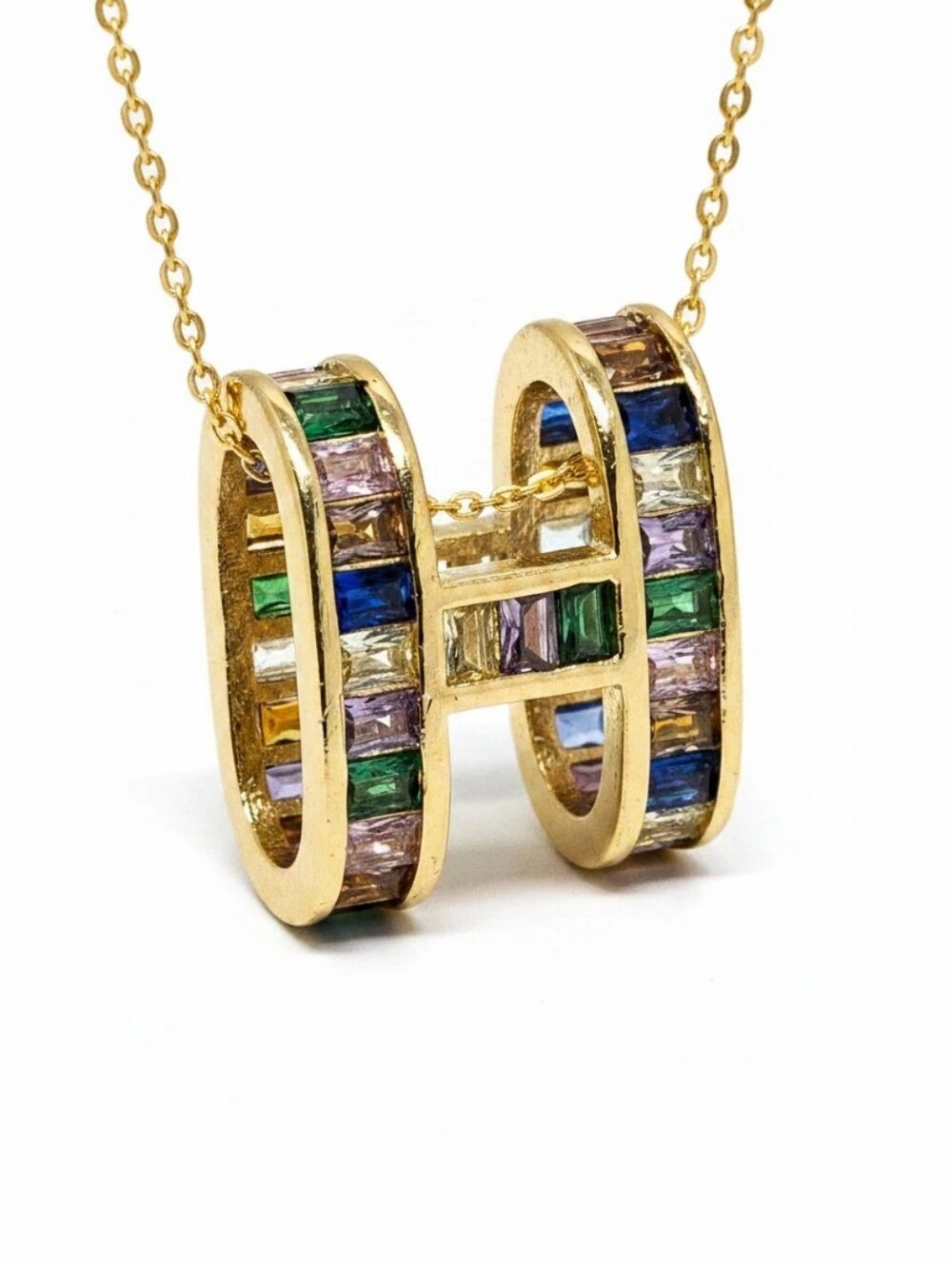 Initial "H" Pendant Baguette-Cut Multicolor Crystals On 18" Gold Plated Chain